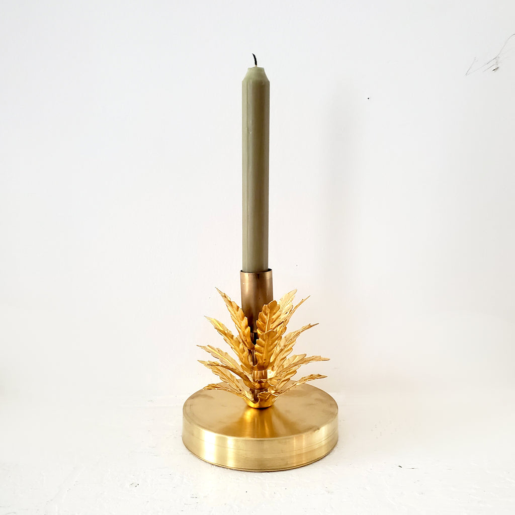 brass botanical inspired taper candle holder by Sazerac Stitches