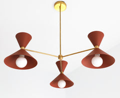 Terra Cotta and Brass mid century modern chandelier with cone shades