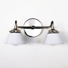 White and Chrome two light bathroom wall sconce with traditional style cone shades and chrome hardware