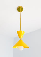 mid century modern yellow and brass pendant light fixture by sazerac stitches
