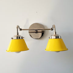 Yellow & Chrome two light wall sconce with cone shades colorful bathroom lighting