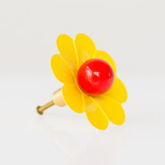 Yellow & Poppy Orange 60s style flower drawer pull or cabinet knob.  Cute hardware for retro style decor
