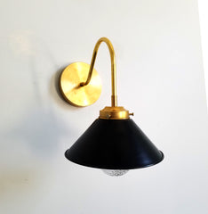 black and brass cone curved sconce open shelving lighting traditional black and gold wall lighting