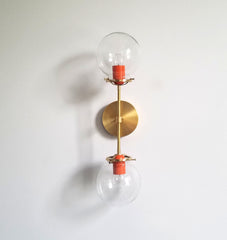 brass and orange two light wall sconce or flushmount ceiling fixture modern with glass