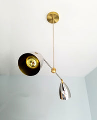 silver and gold MCM design chandelier light fixture Chrome and Brass cone mid century modern contemporary sleek chandelier