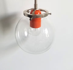 chrome and orange midcentury modern inspired globe five light chandelier ceiling fixture