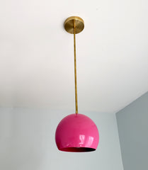brass and bright pink midcentury modern MCM style chandelier pendant kitchen lighting