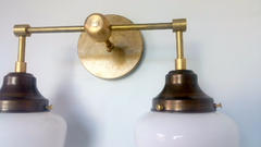vintage style schoolhouse two light sconce raw brass school-house glass