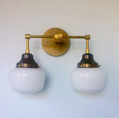 vintage style schoolhouse two light sconce raw brass school-house glass