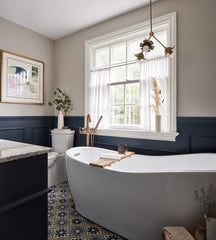 traditional bathroom with vintage and modern details like a large soaking tub