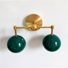 Brass and Emerald Green two light wall sconce vanity lighting midcentury modern inspired