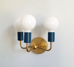 dark blue and brass three armed dining room hallway sconce lighting wall light art deco traditional victorian modern contemporary navy and gold