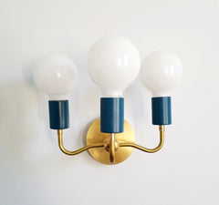 blue and brass three armed dining room hallway sconce lighting wall light art deco traditional victorian modern contemporary dark blue