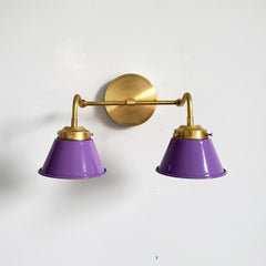 purple and brass colorful two light wall sconce for bathroom vanity lighting, children's room decor, etc.