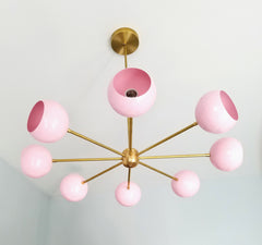 Millennial Pink and brass modern chandelier midcentury design