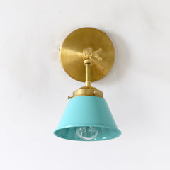 Robins egg blue and brass adjustable wall sconce for bathrooms, small spaces, and more.  The blue is like tiffany's blue