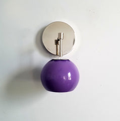 orchid purple lilac and chrome single daisy loa sconce midcentury modern feminine floral wall sconce lighting nursery and childrens bedroom decor colorful light fixture