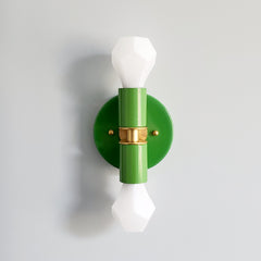 Bright green and Brass two light wall sconce or flush mount ceiling light fixture in a bright vibrant color and mid century modern or art deco design